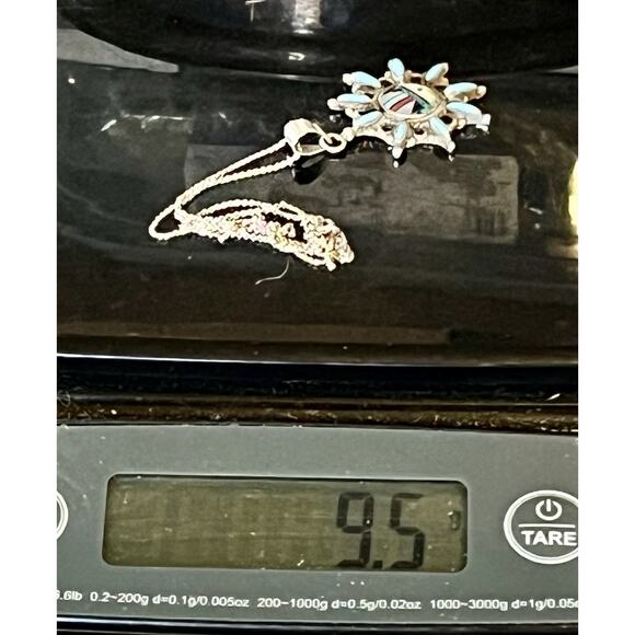 Zuni Sunface Sterling Silver Turquoise Inlay Pendant Necklace VTG Coral Opal Jet - Picture 16 of 16